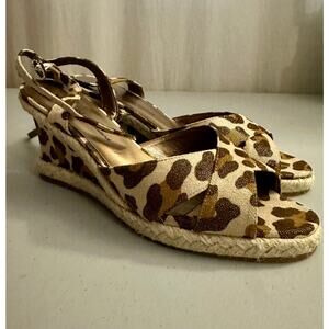 Kathy Van Zeeland Women’s 8.5 Leopard Espadrille Wedge Sandals Rhinestone Buckle